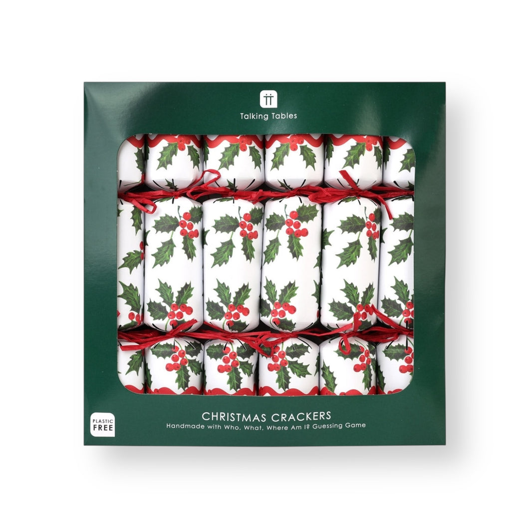 Holly White Christmas Crackers - 6 Pack